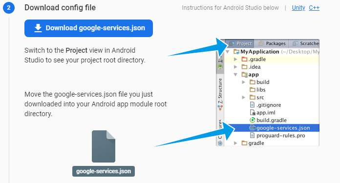 Download Firebase config file for Android integration